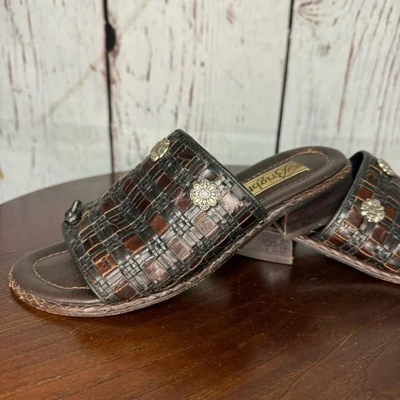 BRIGHTON women’s woven leather slides thongs sandals multi tone brown size 6 GUC - Picture 5 of 16